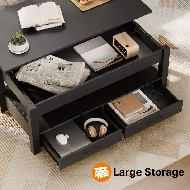 Greenstell Vintage Solid Wood Gas Pressure Lift Coffee Table with Drawers and Hidden Compartments for Storage
