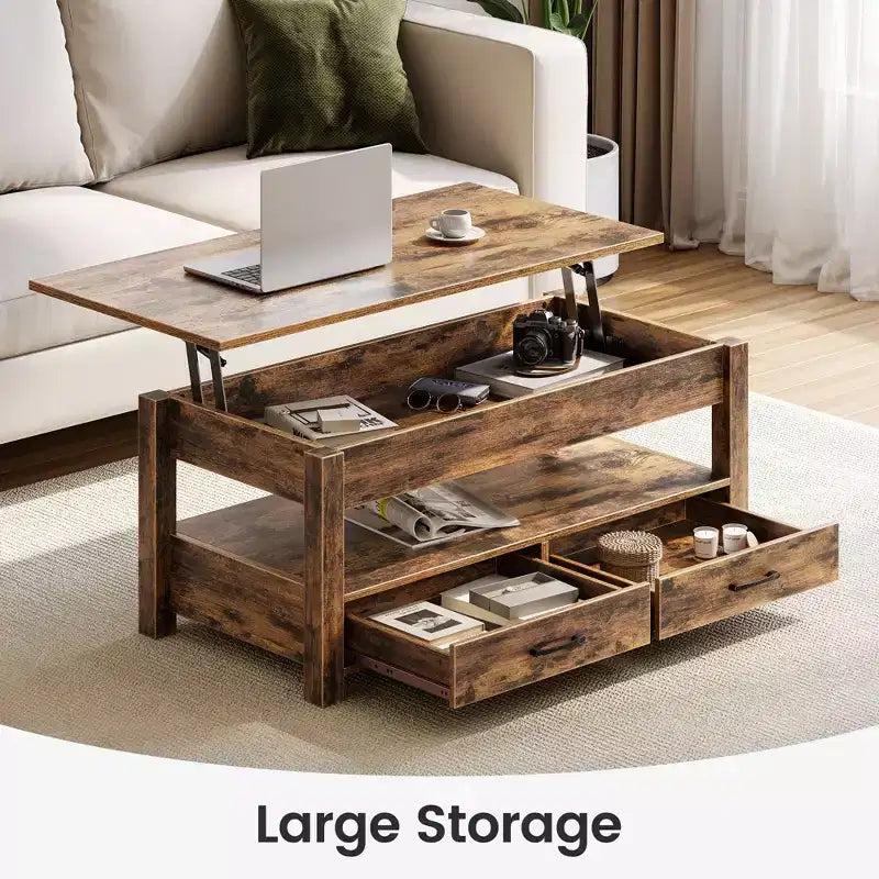 Greenstell Vintage Solid Wood Gas Pressure Lift Coffee Table with Drawers and Hidden Compartments for Storage