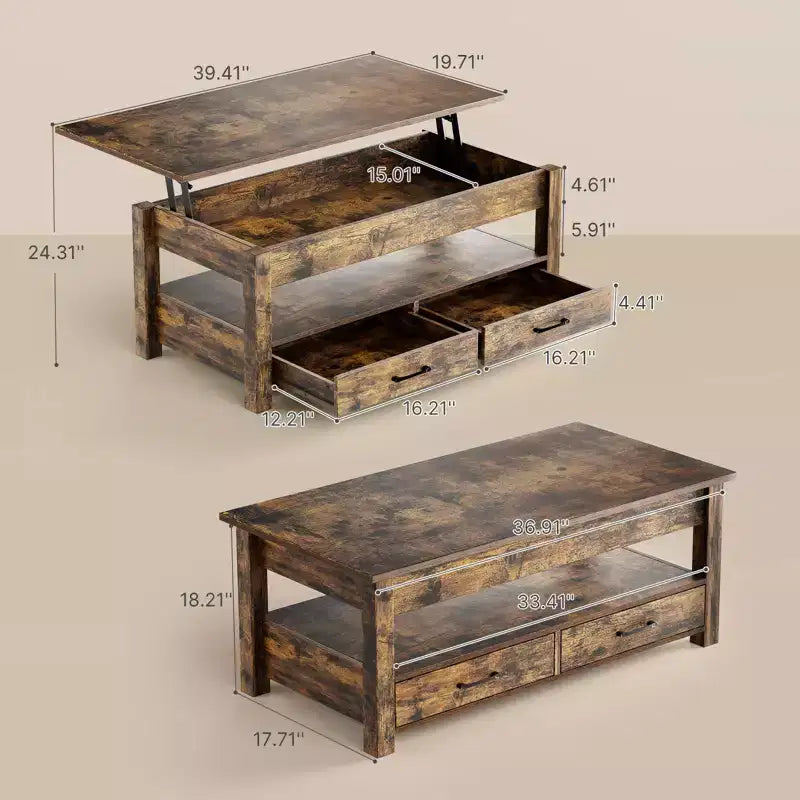 Greenstell Vintage Solid Wood Gas Pressure Lift Coffee Table with Drawers and Hidden Compartments for Storage