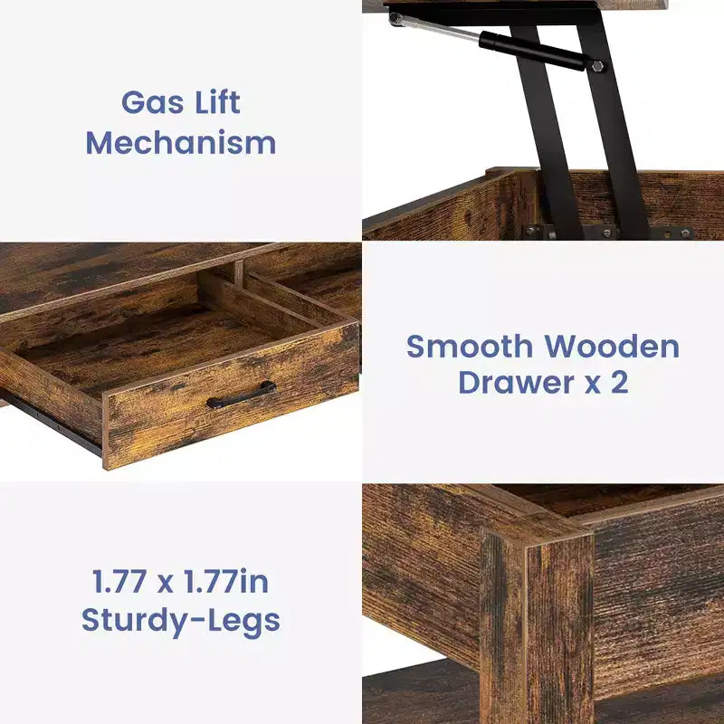 Greenstell Vintage Solid Wood Gas Pressure Lift Coffee Table with Drawers and Hidden Compartments for Storage