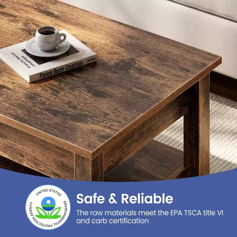 Greenstell Vintage Solid Wood Gas Pressure Lift Coffee Table with Drawers and Hidden Compartments for Storage