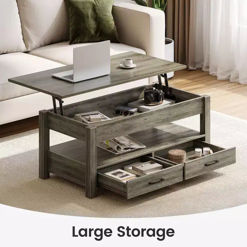 Greenstell Vintage Solid Wood Gas Pressure Lift Coffee Table with Drawers and Hidden Compartments for Storage