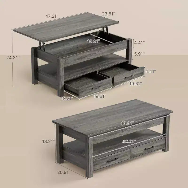 Greenstell Vintage Solid Wood Gas Pressure Lift Coffee Table with Drawers and Hidden Compartments for Storage
