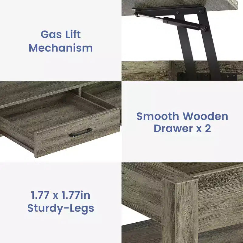 Greenstell Vintage Solid Wood Gas Pressure Lift Coffee Table with Drawers and Hidden Compartments for Storage