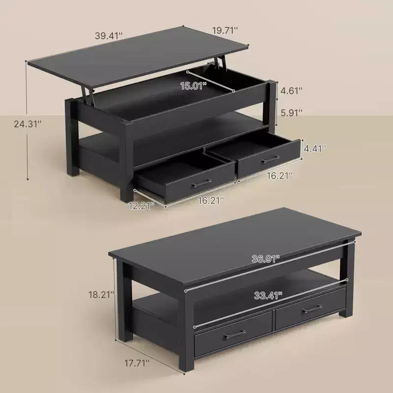 Greenstell Vintage Solid Wood Gas Pressure Lift Coffee Table with Drawers and Hidden Compartments for Storage