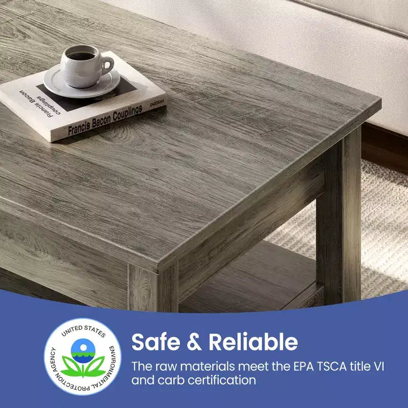 Greenstell Vintage Solid Wood Gas Pressure Lift Coffee Table with Drawers and Hidden Compartments for Storage