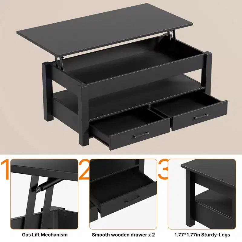 Greenstell Vintage Solid Wood Gas Pressure Lift Coffee Table with Drawers and Hidden Compartments for Storage
