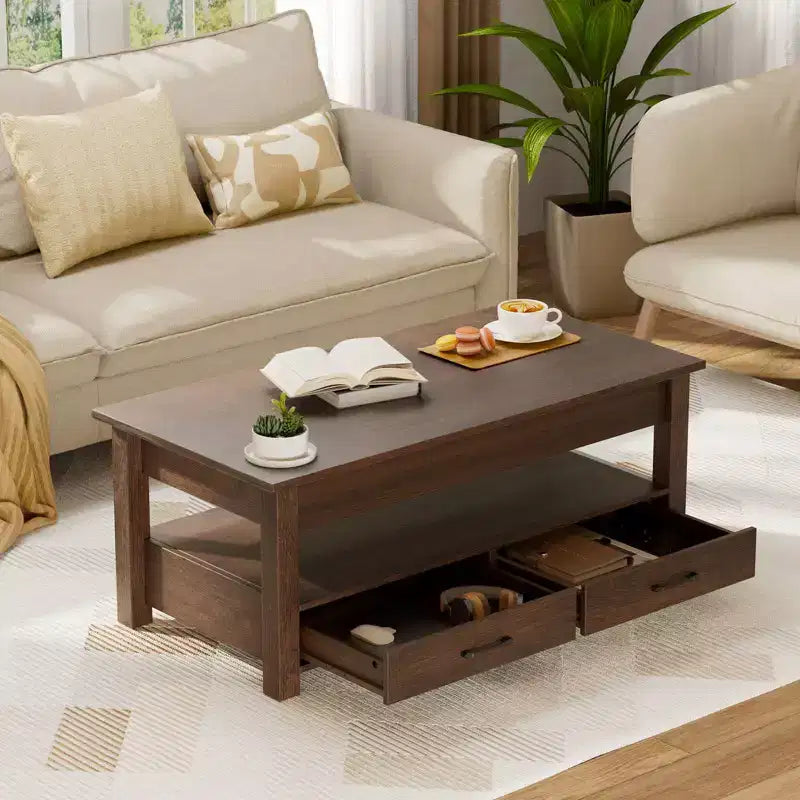 Greenstell Vintage Solid Wood Gas Pressure Lift Coffee Table with Drawers and Hidden Compartments for Storage