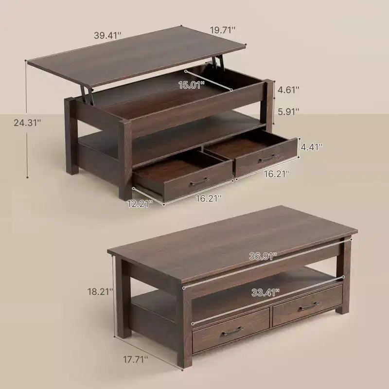 Greenstell Vintage Solid Wood Gas Pressure Lift Coffee Table with Drawers and Hidden Compartments for Storage