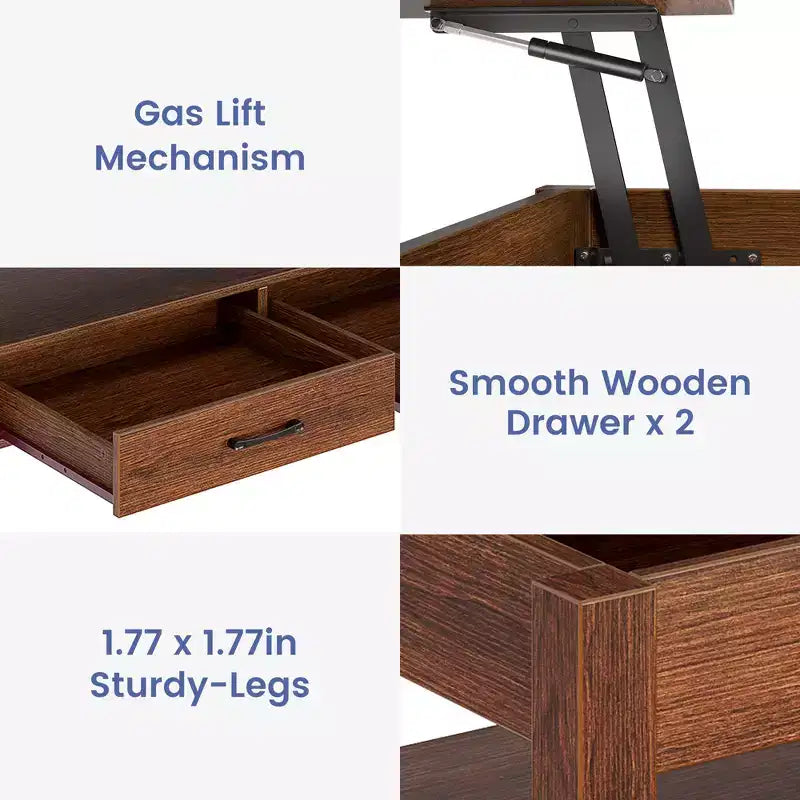 Greenstell Vintage Solid Wood Gas Pressure Lift Coffee Table with Drawers and Hidden Compartments for Storage