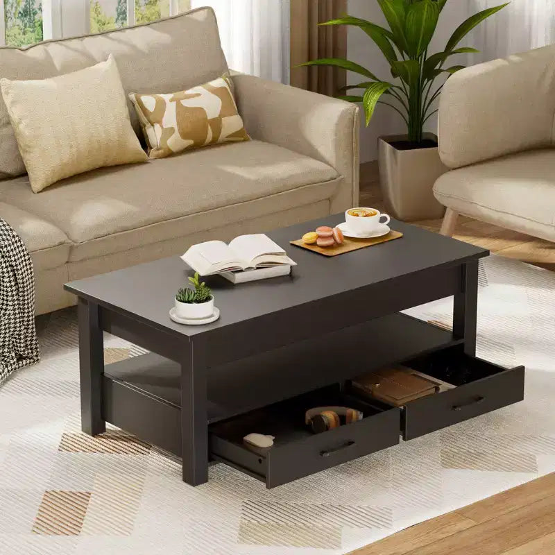 Greenstell Vintage Solid Wood Gas Pressure Lift Coffee Table with Drawers and Hidden Compartments for Storage