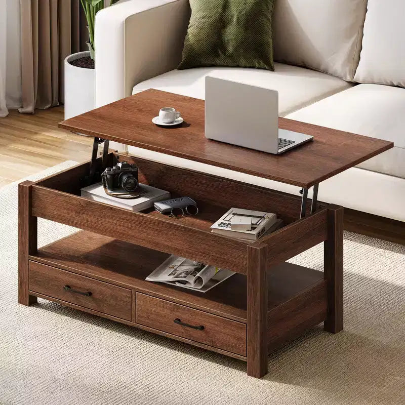 Greenstell Vintage Solid Wood Gas Pressure Lift Coffee Table with Drawers and Hidden Compartments for Storage