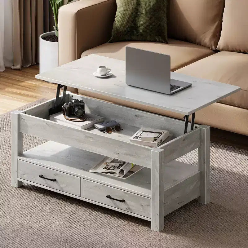 Greenstell Vintage Solid Wood Gas Pressure Lift Coffee Table with Drawers and Hidden Compartments for Storage