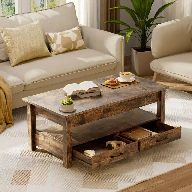 Greenstell Vintage Solid Wood Gas Pressure Lift Coffee Table with Drawers and Hidden Compartments for Storage