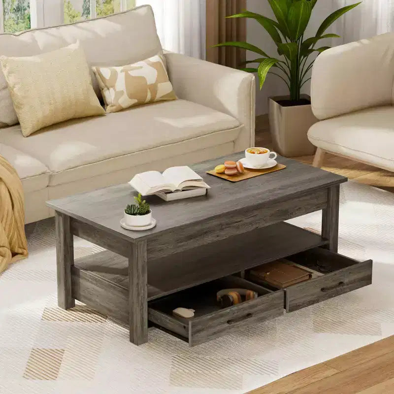 Greenstell Vintage Solid Wood Gas Pressure Lift Coffee Table with Drawers and Hidden Compartments for Storage