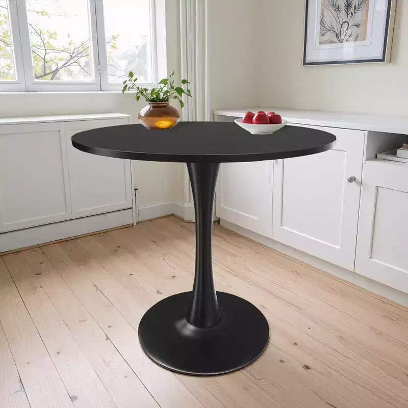MAYEERTY 31.5 Small Round Dining Tulip Table, Wood Top, Metal Base, Seats 2-4, Black