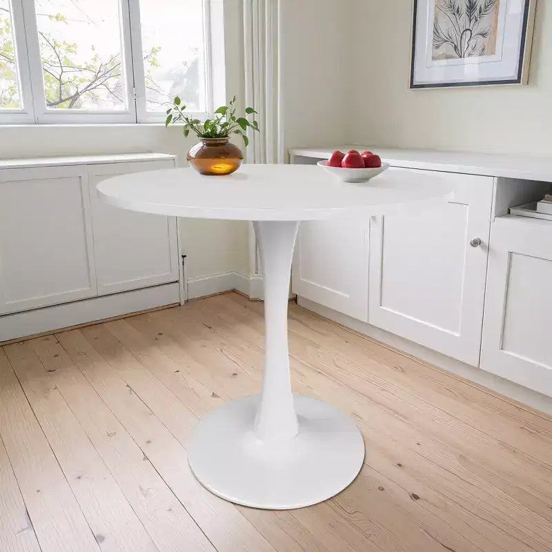 MAYEERTY 31.5 Small Round Dining Tulip Table, Wood Top, Metal Base, Seats 2-4, Black