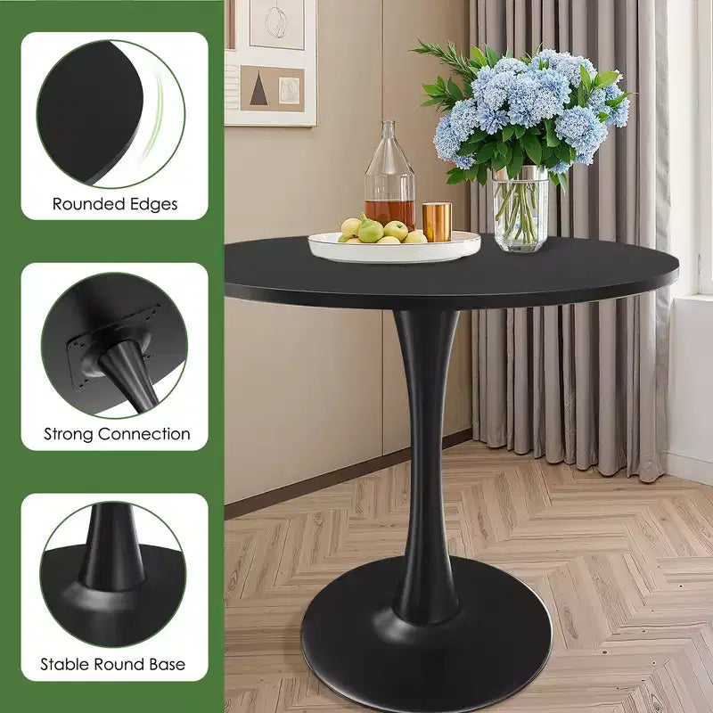 MAYEERTY 31.5 Small Round Dining Tulip Table, Wood Top, Metal Base, Seats 2-4, Black