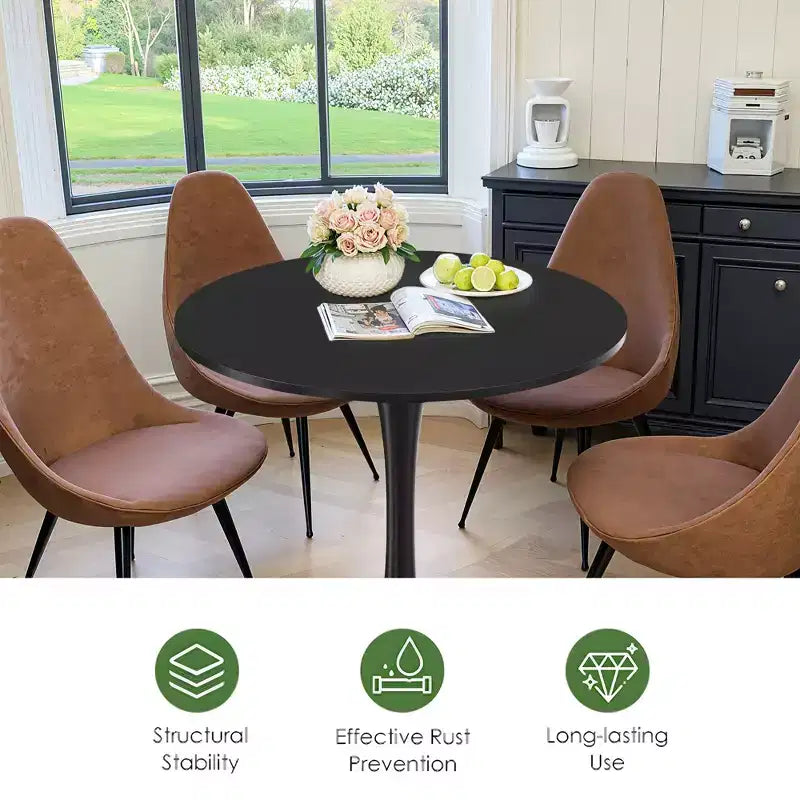 MAYEERTY 31.5 Small Round Dining Tulip Table, Wood Top, Metal Base, Seats 2-4, Black