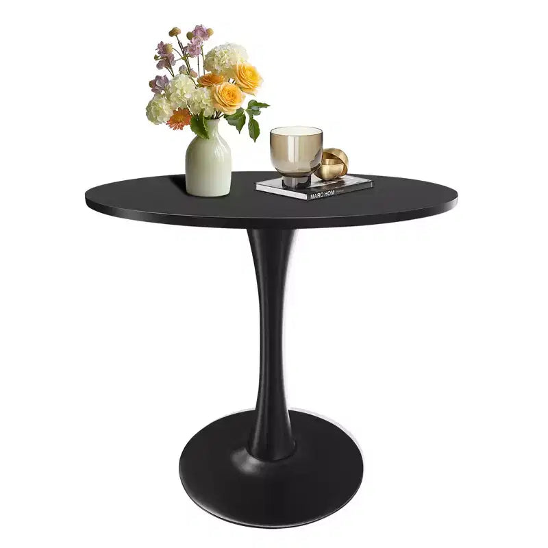 MAYEERTY 31.5 Small Round Dining Tulip Table, Wood Top, Metal Base, Seats 2-4, Black