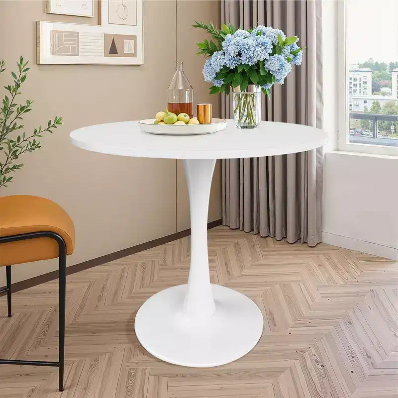 MAYEERTY 31.5 Small Round Dining Tulip Table, Wood Top, Metal Base, Seats 2-4, Black