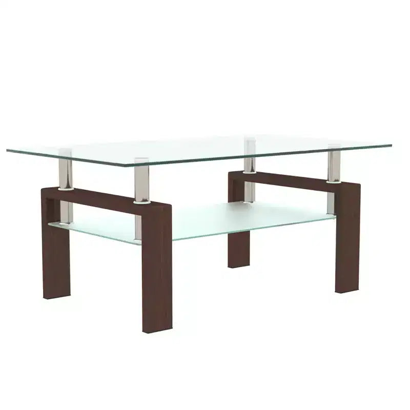 Modern Rectangular Glass Coffee Table with Lower Shelf, Living Room or Office Side Table