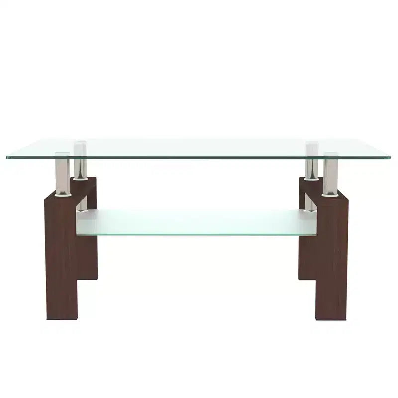 Modern Rectangular Glass Coffee Table with Lower Shelf, Living Room or Office Side Table