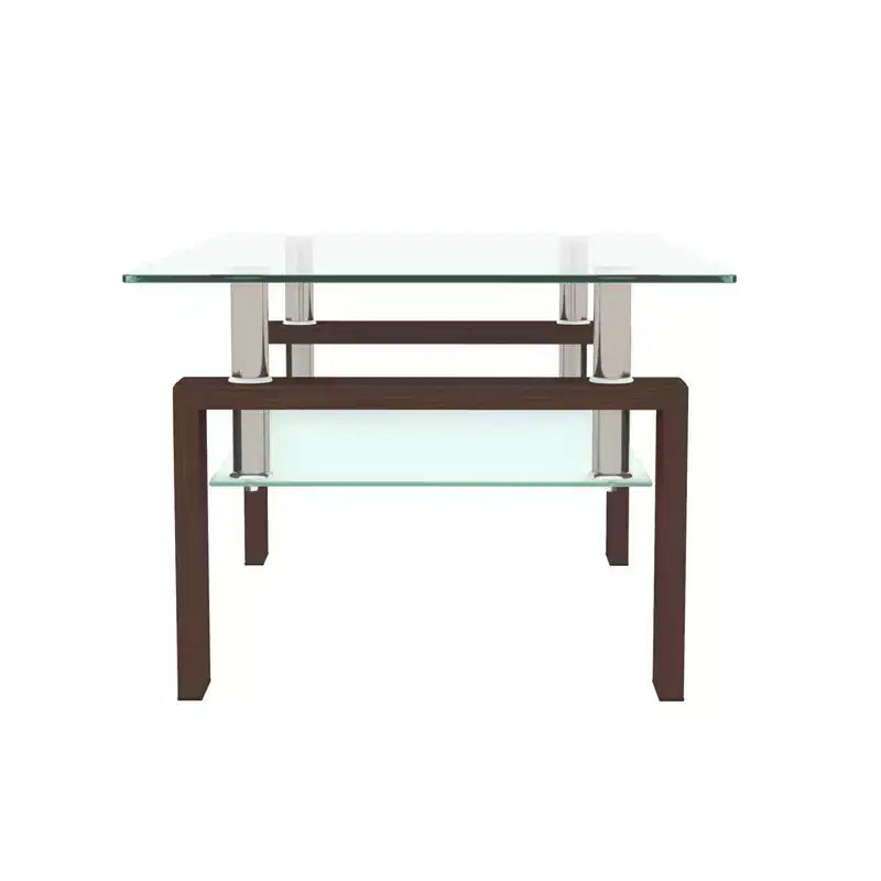 Modern Rectangular Glass Coffee Table with Lower Shelf, Living Room or Office Side Table