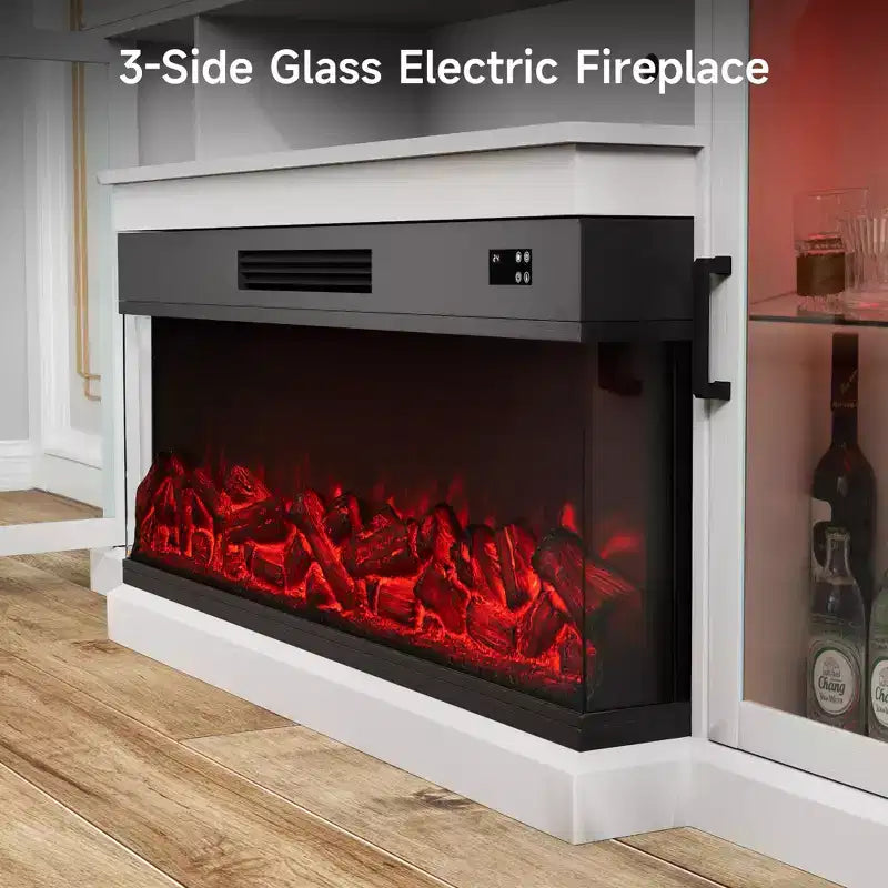 Real Relax 72.8 in. Farmhouse TV Cabinet with 3-Sided Glass Electric Fireplace Adjustable 12 LED Light Colors Media Console for TVs up to 80 in.