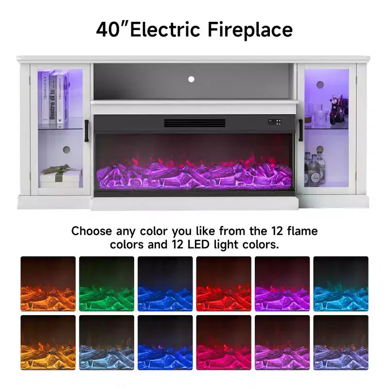 Real Relax 72.8 in. Farmhouse TV Cabinet with 3-Sided Glass Electric Fireplace Adjustable 12 LED Light Colors Media Console for TVs up to 80 in.