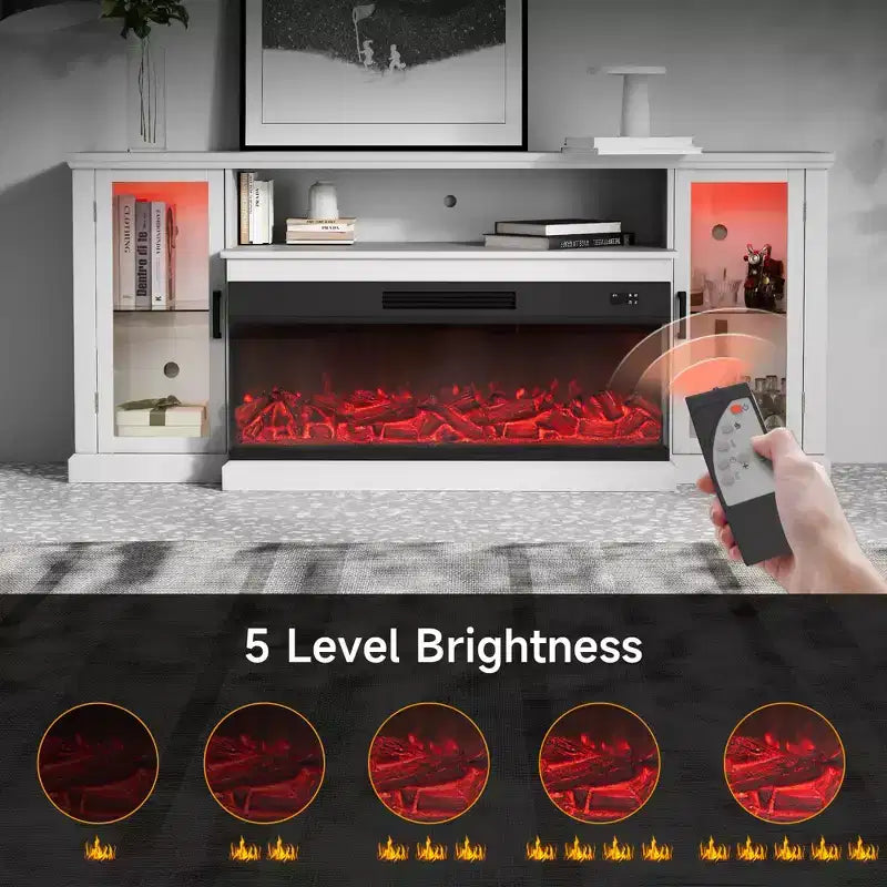 Real Relax 72.8 in. Farmhouse TV Cabinet with 3-Sided Glass Electric Fireplace Adjustable 12 LED Light Colors Media Console for TVs up to 80 in.
