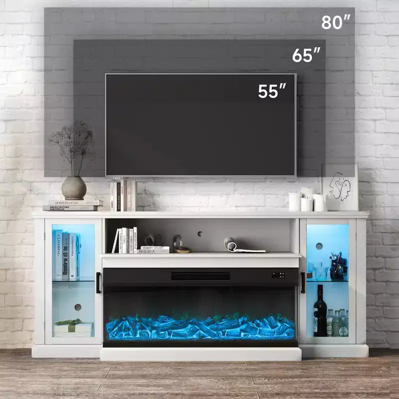 Real Relax 72.8 in. Farmhouse TV Cabinet with 3-Sided Glass Electric Fireplace Adjustable 12 LED Light Colors Media Console for TVs up to 80 in.