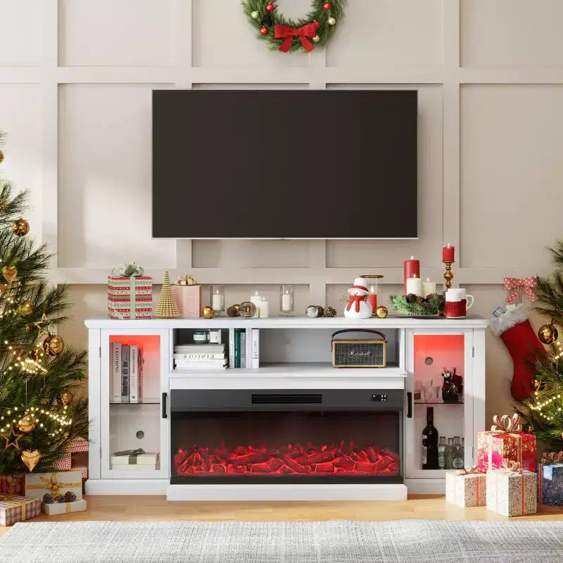 Real Relax 72.8 in. Farmhouse TV Cabinet with 3-Sided Glass Electric Fireplace Adjustable 12 LED Light Colors Media Console for TVs up to 80 in.