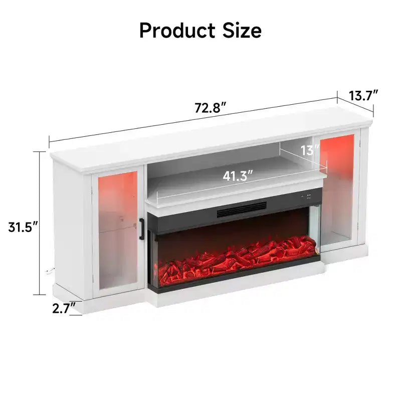 Real Relax 72.8 in. Farmhouse TV Cabinet with 3-Sided Glass Electric Fireplace Adjustable 12 LED Light Colors Media Console for TVs up to 80 in.