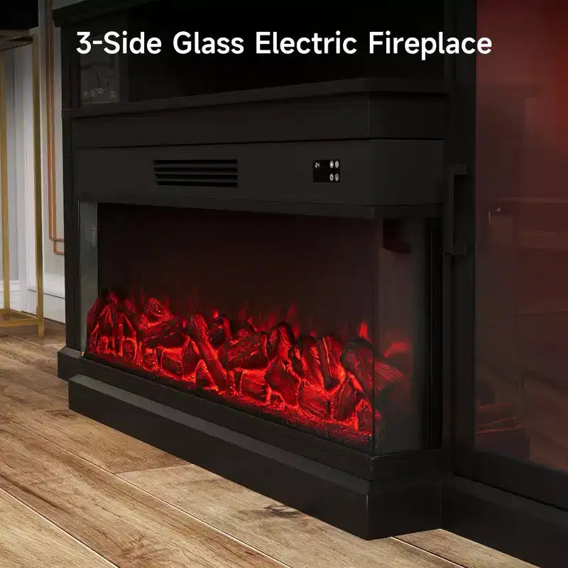 Real Relax 72.8 in. Farmhouse TV Cabinet with 3-Sided Glass Electric Fireplace Adjustable 12 LED Light Colors Media Console for TVs up to 80 in.