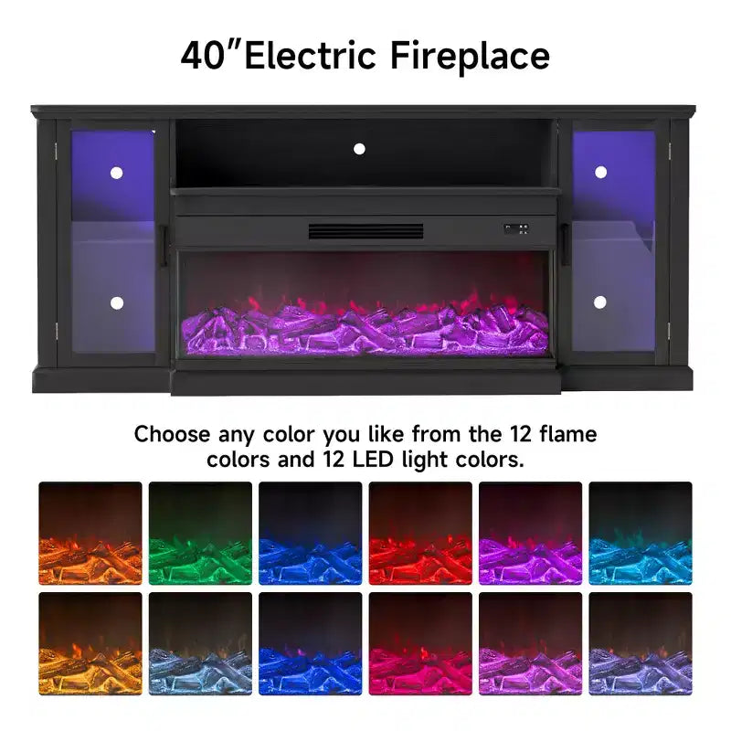 Real Relax 72.8 in. Farmhouse TV Cabinet with 3-Sided Glass Electric Fireplace Adjustable 12 LED Light Colors Media Console for TVs up to 80 in.