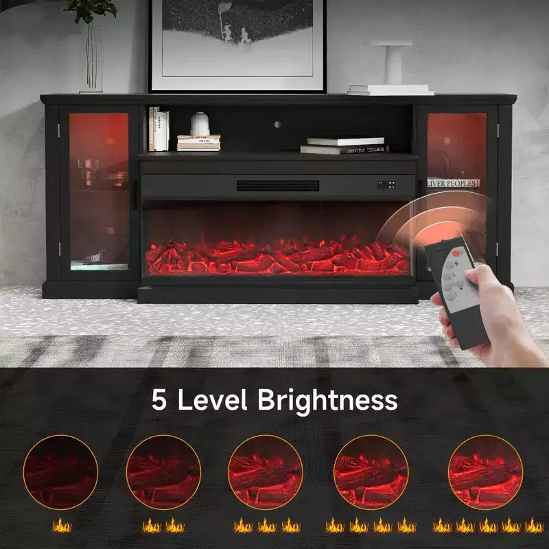 Real Relax 72.8 in. Farmhouse TV Cabinet with 3-Sided Glass Electric Fireplace Adjustable 12 LED Light Colors Media Console for TVs up to 80 in.