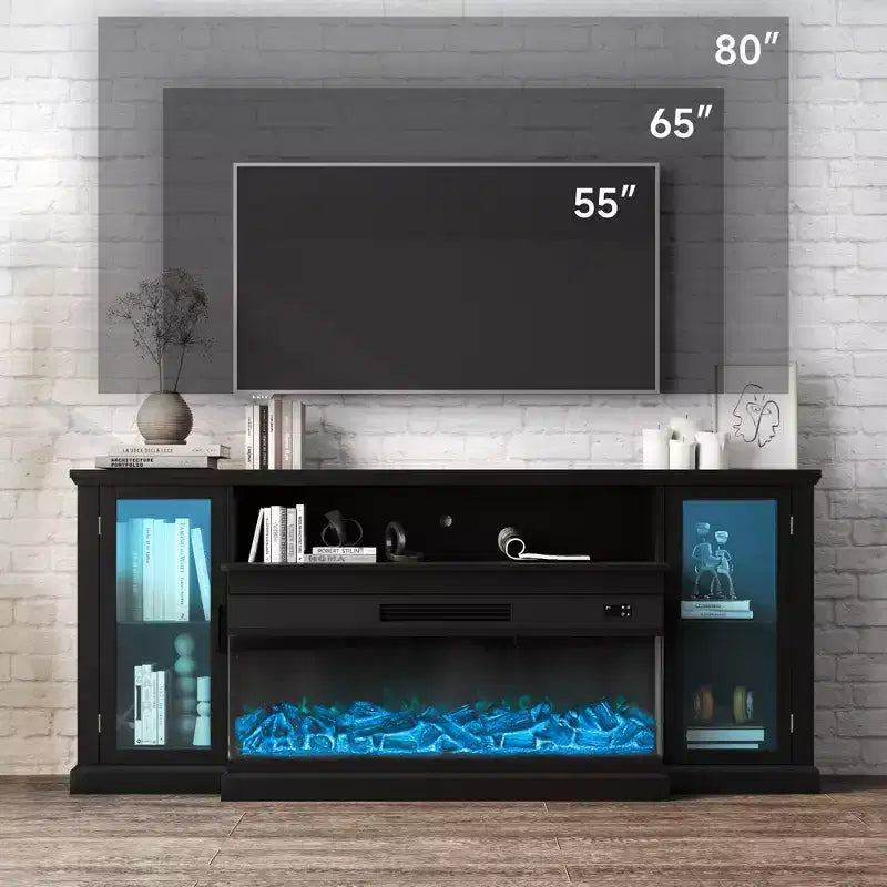 Real Relax 72.8 in. Farmhouse TV Cabinet with 3-Sided Glass Electric Fireplace Adjustable 12 LED Light Colors Media Console for TVs up to 80 in.