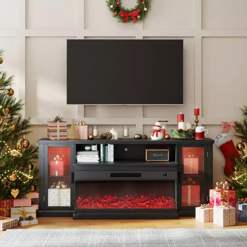 Real Relax 72.8 in. Farmhouse TV Cabinet with 3-Sided Glass Electric Fireplace Adjustable 12 LED Light Colors Media Console for TVs up to 80 in.