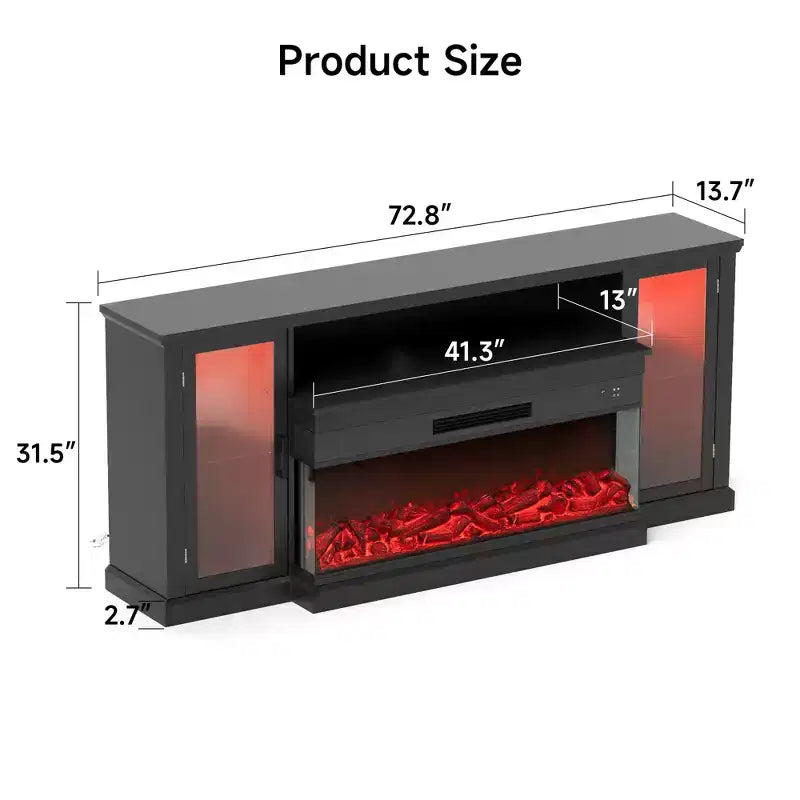 Real Relax 72.8 in. Farmhouse TV Cabinet with 3-Sided Glass Electric Fireplace Adjustable 12 LED Light Colors Media Console for TVs up to 80 in.