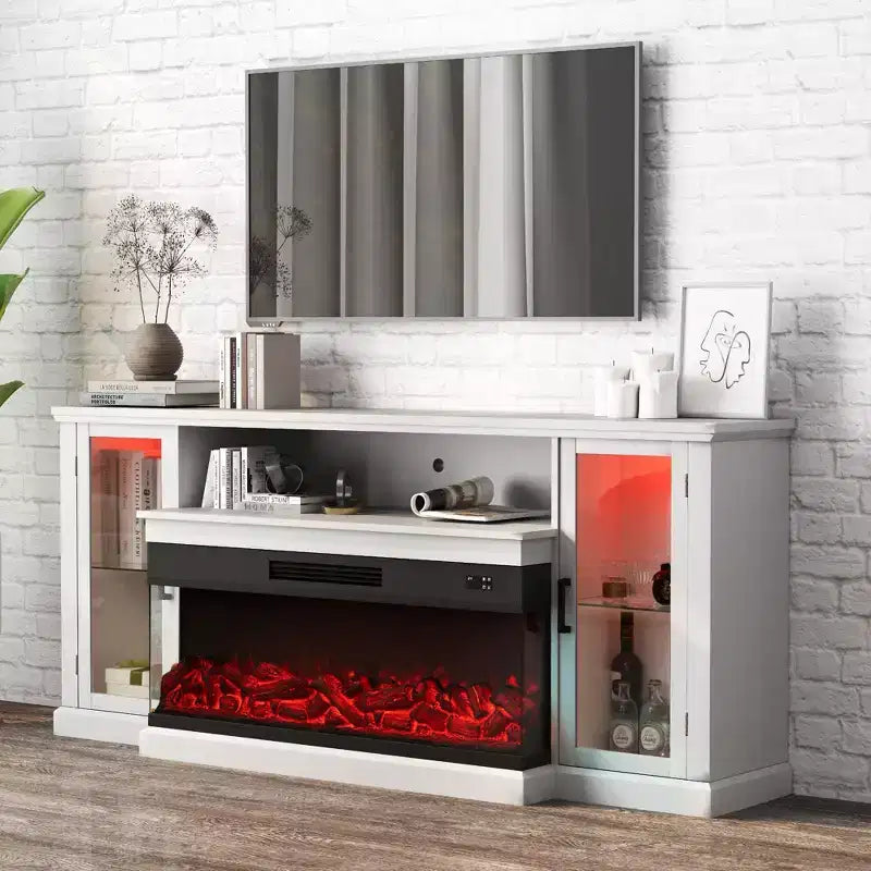 Real Relax 72.8 in. Farmhouse TV Cabinet with 3-Sided Glass Electric Fireplace Adjustable 12 LED Light Colors Media Console for TVs up to 80 in.