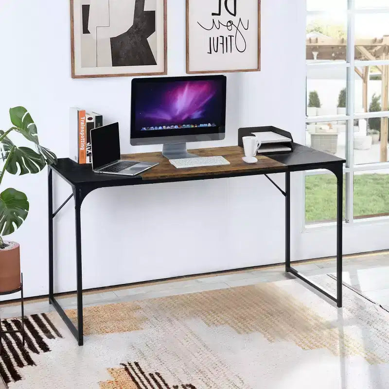 FurnitureR 55 Home Office Table Laptop PC Writing Computer Desk with Sturdy Metal Frames for Study Room, Brown&Black
