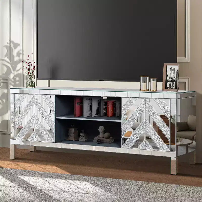 TV Stand for 65 Inch TV, Mid Century Center with Storage, TV Console with Open Shelf and 2 Cabinets for Bedroom and Living Room