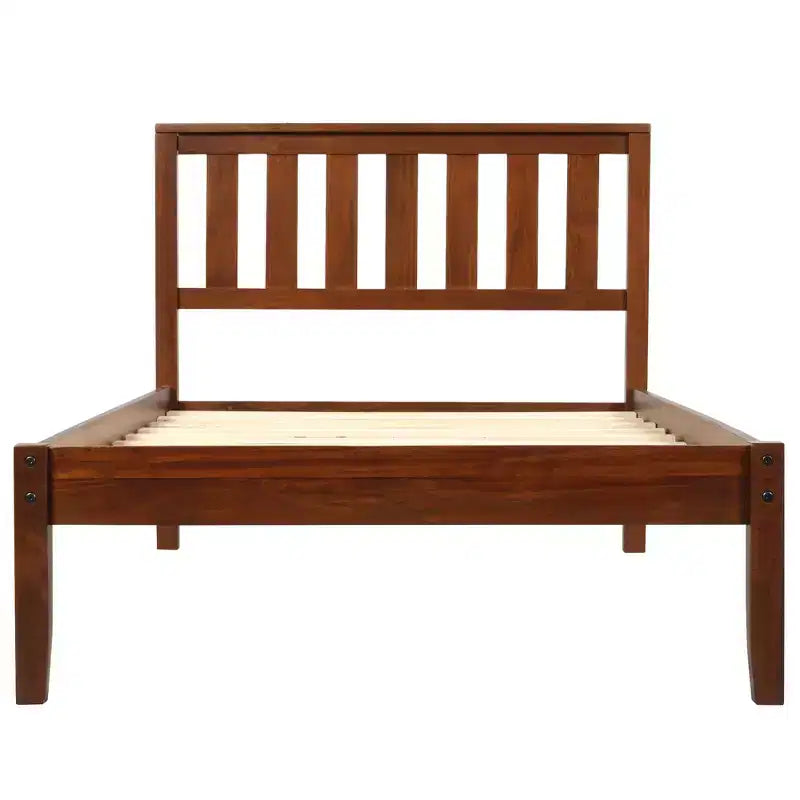 Wood Twin Size Platform Bed Frame with Headboard and Footboard for Kids Boys Girls Teens Adults, Walnut