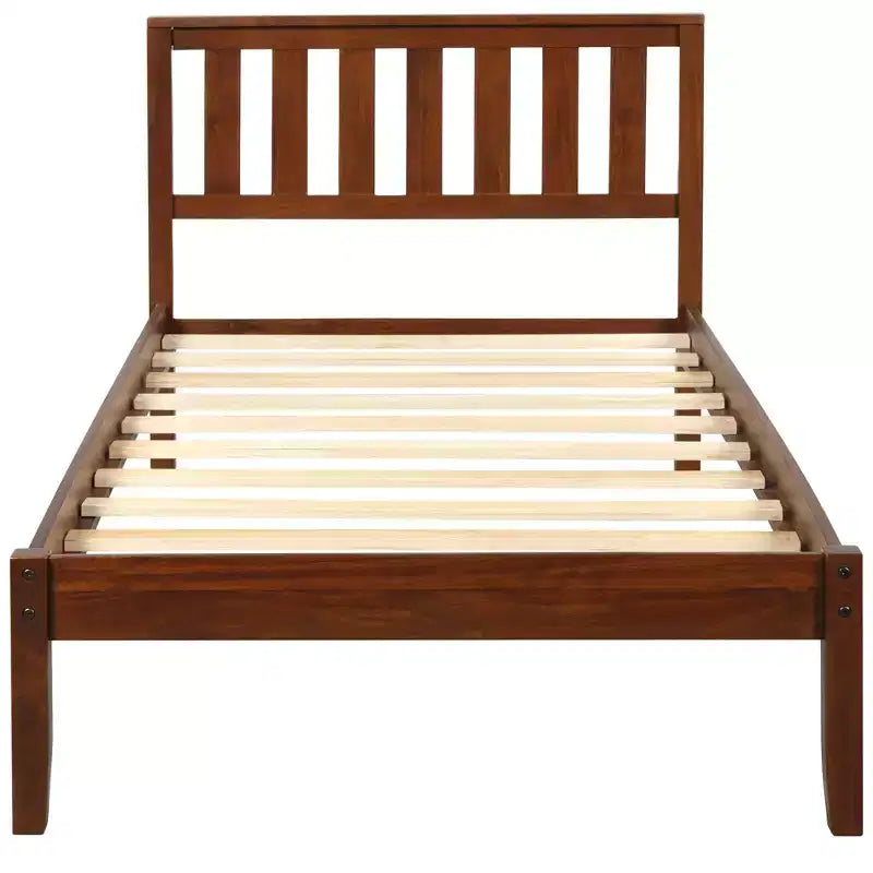 Wood Twin Size Platform Bed Frame with Headboard and Footboard for Kids Boys Girls Teens Adults, Walnut