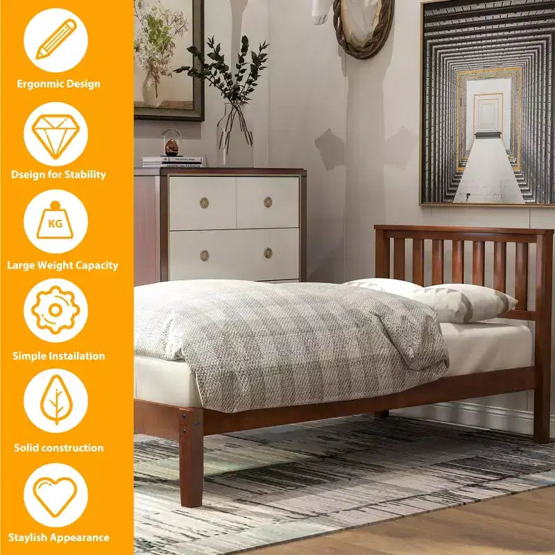 Wood Twin Size Platform Bed Frame with Headboard and Footboard for Kids Boys Girls Teens Adults, Walnut