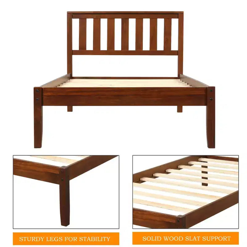 Wood Twin Size Platform Bed Frame with Headboard and Footboard for Kids Boys Girls Teens Adults, Walnut