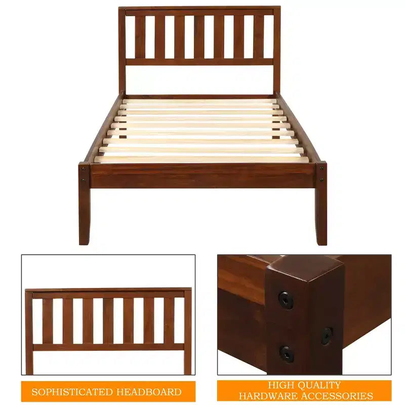 Wood Twin Size Platform Bed Frame with Headboard and Footboard for Kids Boys Girls Teens Adults, Walnut