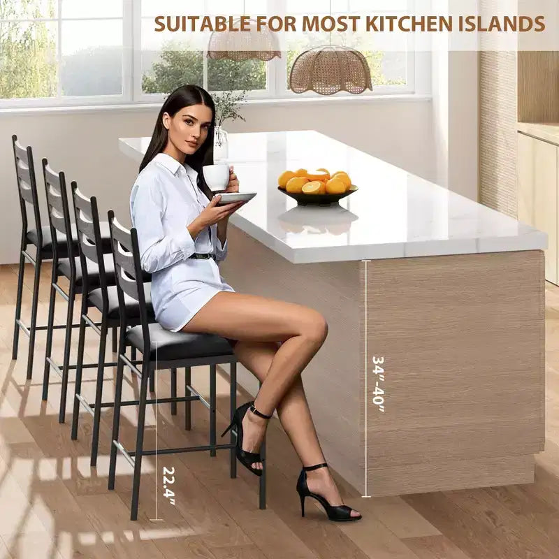 GustoWave Thick Cushioned Bar Stools Set of 2 - Faux Leather Stools with Wood Backrest