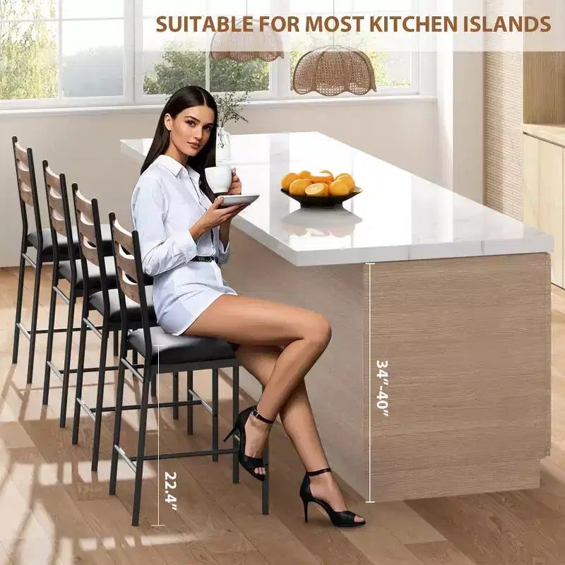 GustoWave Thick Cushioned Bar Stools Set of 2 - Faux Leather Stools with Wood Backrest
